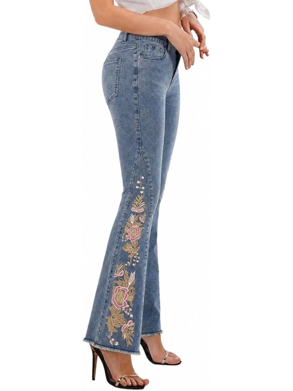 Floral Embroidered Women's Stretch Denim Flare Jeans - Trendy Casual Pants